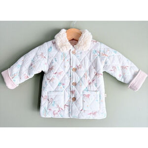 Elegant Baby Organic Cotton Muslin Quilted Jacket Sherpa Collar Pony Meadow 6-9M